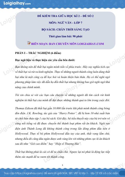 Đề thi giữa kì 2 Văn 7 Chân trời sáng tạo - Đề số 2